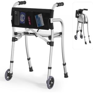 Narrow Walkers for Seniors with Seat, Lightweight Folding Space Saver Mobility Rolling Walker,Height Adjustable Standard Walker with Aluminum Frame, 5-inch Wheels, Compact Travel Walker (Silver)