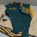 GORGLITTER Men's Letter Graphic Varsity Jacket Long Sleeve Striped Trim Button Bomber Jackets (L)