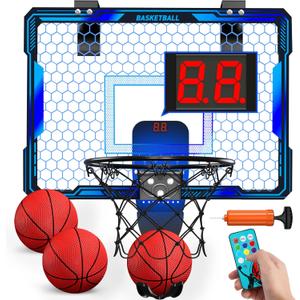 Remote Control Basketball Hoop Indoor with 7 LED Lighting, Mini Basketball Hoop with Electronic Scoreboard, 3 Modes, Over Door Basketball Hoop, Basketball Toys Sport Gifts for Kids, Adults (Blue)