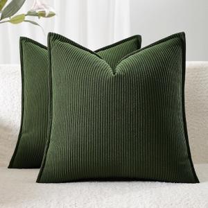Corduroy Throw Pillow Covers 18x18 Set of 2  Boho Decorative Pillow Covers for Couch, Sofa, Bed  Soft Square Cushion Covers for Living Room Decor (No Insert) Dark Green