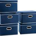 PRANDOM Foldable Storage Bin with Lid [5-Pack] Linen Fabric Decorative Storage Box Organizer Container Basket Cube with Handles Divider for Closet Office Living Room Royal Blue(14.9x9.8x9.8)