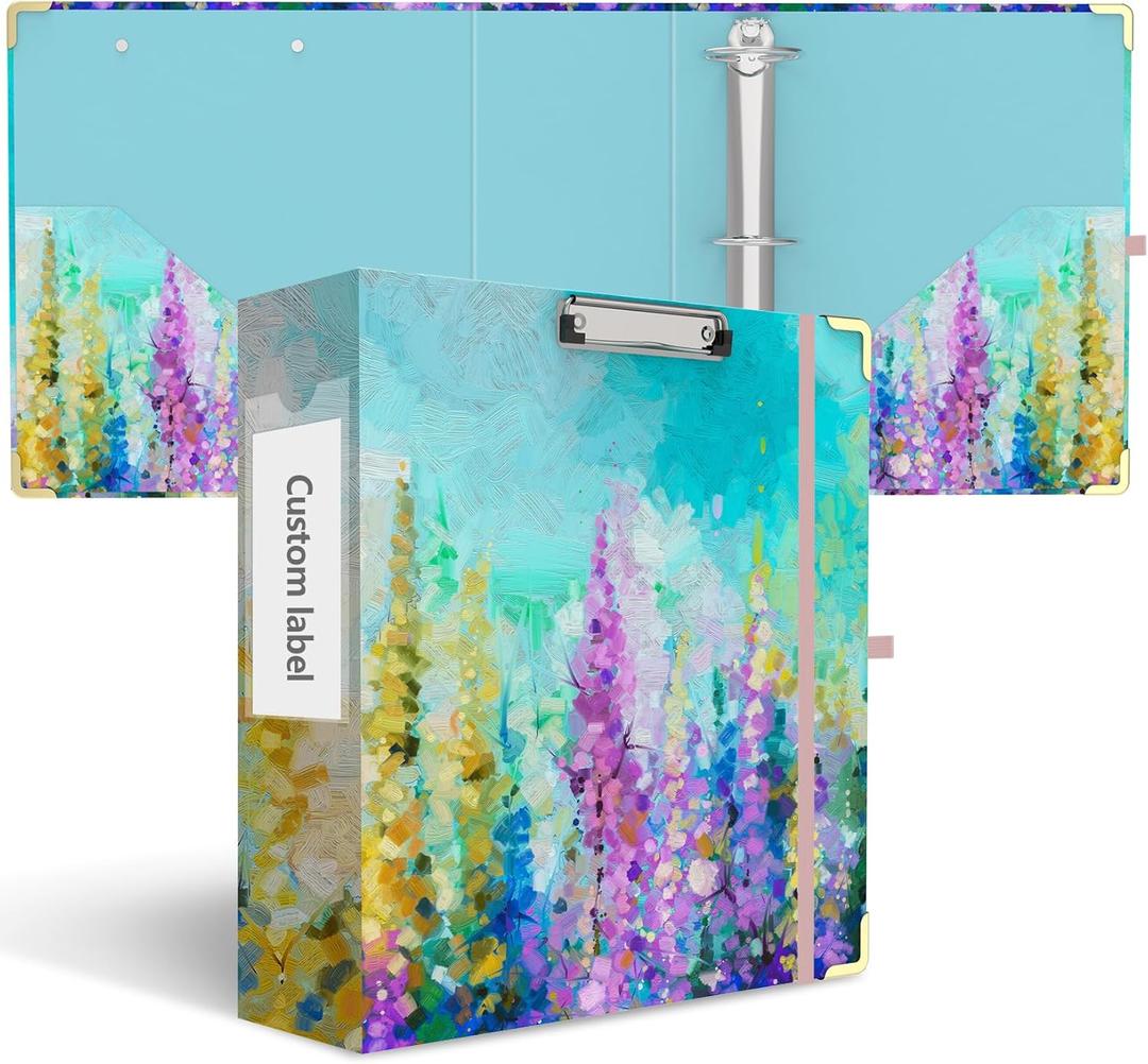 3 Inch 3 Ring Binder, Cute 3'' Round Binders with Low Profile Clipboard with Storage, 2 Interior Pockets, Binder Organizer for School Office Supplies(Purple Oil Painting)