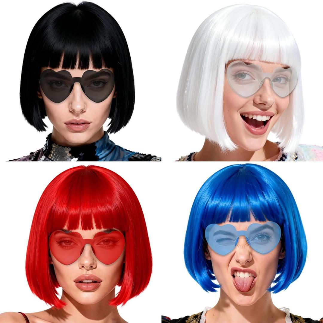 MEEZY 4 Pack Colored Bob Wigs with Heart Sunglasses for Women, Funny Cosplay Neon Wig with Bangs Halloween Costume Colorful Short Bob Hair with Hair Cap for Fancy Dress Carnival Bachelorette Party (Black, Red, Royal Blue, White)