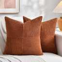 Fancy Homi 2 Packs Rust Boho Decorative Throw Pillow Covers 18x18 Inch for Couch Bed Sofa, Farmhouse Fall Home Decor, Soft Corss Corduroy Patchwork Textured Terracotta Accent Cushion Case 45x45 cm, Rust