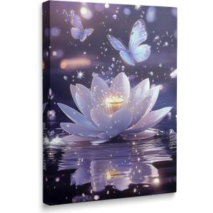 Framed Zen Meditation Serene Purple Lotus Flower Floral Canvas Wall Art, Spiritual Bathroom Butterfly Waterfall Room Decor, Relaxing Flower of Life Pictures Artwork Ready to Hang (12"x16")