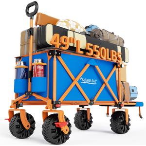 49" L Extra Long Beach Wagon with Tailgate,Big Wheels with Brake for Sand, Collapsible Utility Beach Cart Heavy Duty Folding Wagon,Ideal for Outdoor Sand Camping Garden Pet