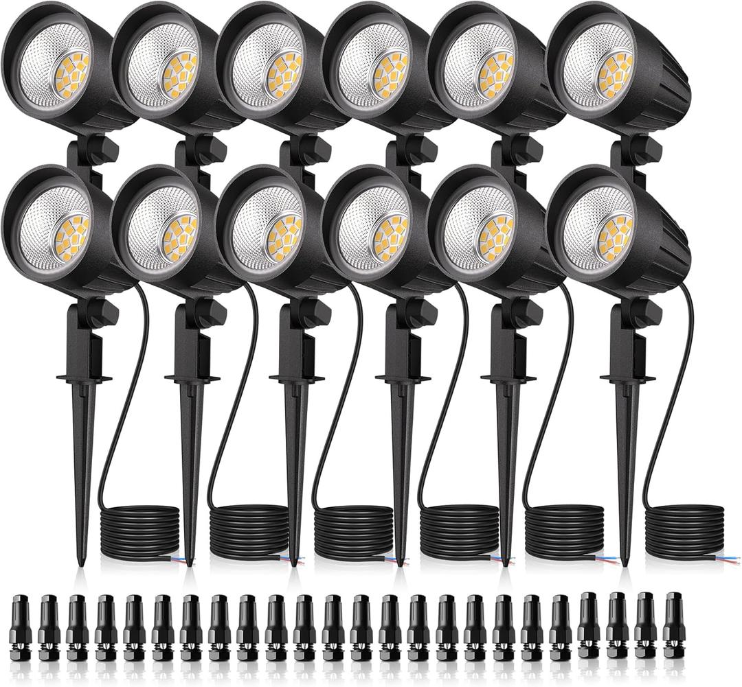 MEIKEE 7W LED Landscape Lights, 12V/24V Low Voltage Landscape Lighting IP66 Outdoor Spotlights Warm White Garden Lights with Connectors for Pathway Yard Patio 12 Pack