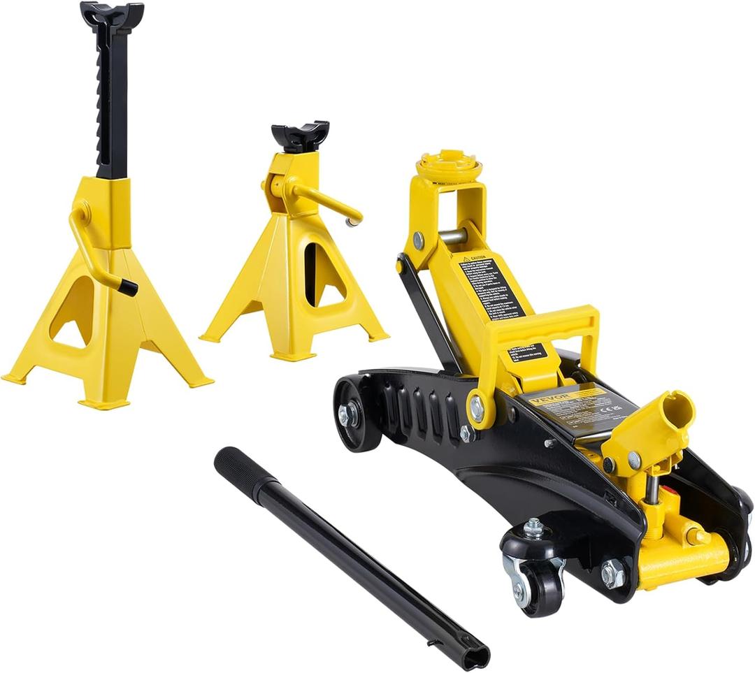 VEVOR Low Profile Floor Jack 2 Ton (4400 lbs), Heavy Duty Iron Hydraulic Racing Floor Jack, Hydraulic Car Jack with Jack Stands, Single Piston Quick Lift Pump, 4.6"-12.8" Height Lifting Range (Yellow)