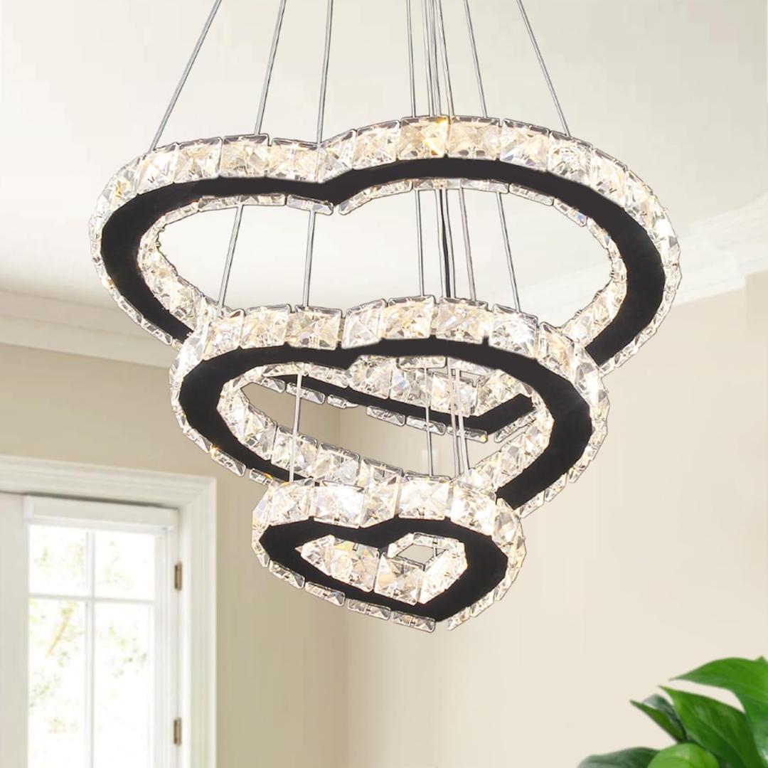 Modern 3 Ring Heart Chandelier Crystal Light Fixture LED Pendant Lighting Adjustable Stainless Steel Ceiling Hanging Lamp for Living Room Dinning Room Kitchen (Changeable Color) (B-Changeable Color-3heart)