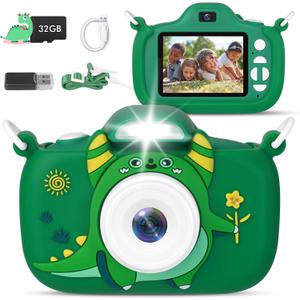 Kids Camera with Flashlight & 2.4in Screen, 1080P Dual Lens Toddler Camera - Christmas Birthday Gift for 3-12 Year Old Girls Boys, Kids Digital Camera with 32GB Card & Shockproof Case (Green)