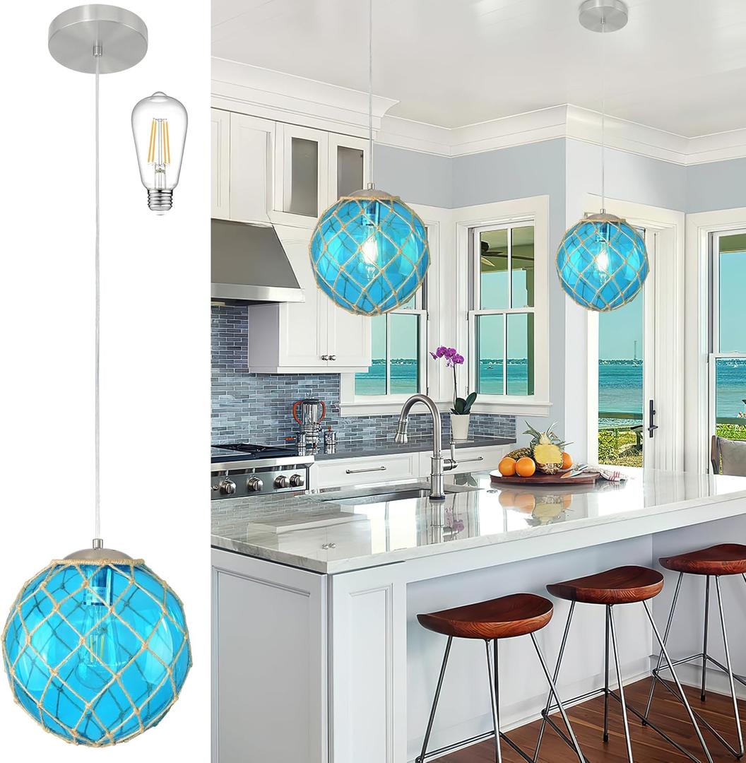 10" Blue Coastal Pendant Light Kitchen Island,Glass Globe Ocean Ceiling Light Fixture Beach House,Dimmable Hemp Rope Light Fixture Hanging For Bathroom Living Room Farmhouse Entry Bedroom (Bulb Incl.)