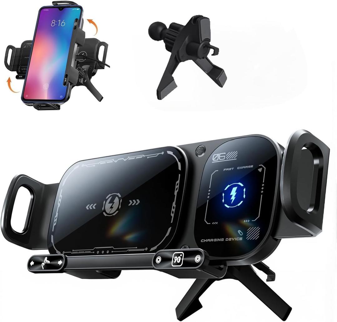 Wireless Charging Rotating Car Mount, High Intelligent 2 in 1 Auto Rotating Phone Holder, One-Click Rotation & Clamping,Car Charger Fast Charging,Universal Phone Holder for Smartphone/Pad (Black)