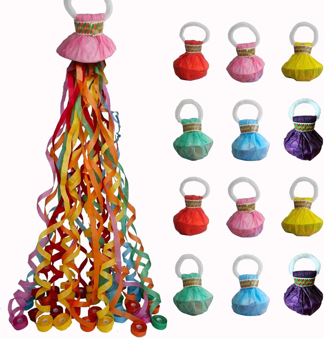 12Pack Hand throw Streamer Poppers 6 Color Mix No Mess Confetti PoppersParty Poppers No Mess Streamers Easy to Clean Ideal for Celebrations Birthday and Festival