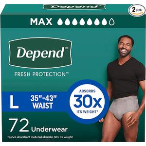 Depend Fresh Protection Adult Diapers, Incontinence Underwear for Men, Disposable, Maximum, Large, Grey, 72 Count (2 Packs of 36), Packaging May Vary