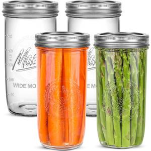 24oz Wide Mouth Mason Jars  4 Pack Reusable Glass Mason Jars with Airtight Lids for Canning, Pickling, Food Storage, Jam, Jelly, DIY Crafts  Dishwasher Safe