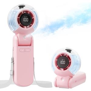 TriPole Misting Fan Portable Handheld Turbo Fan with Mist, LED Display, Neck & Desk Foldable High Speed Airflow Mini Fans, Rechargeable Personal Mister Fans with Water Spray Bottle for Outdoor Travel (Pink)