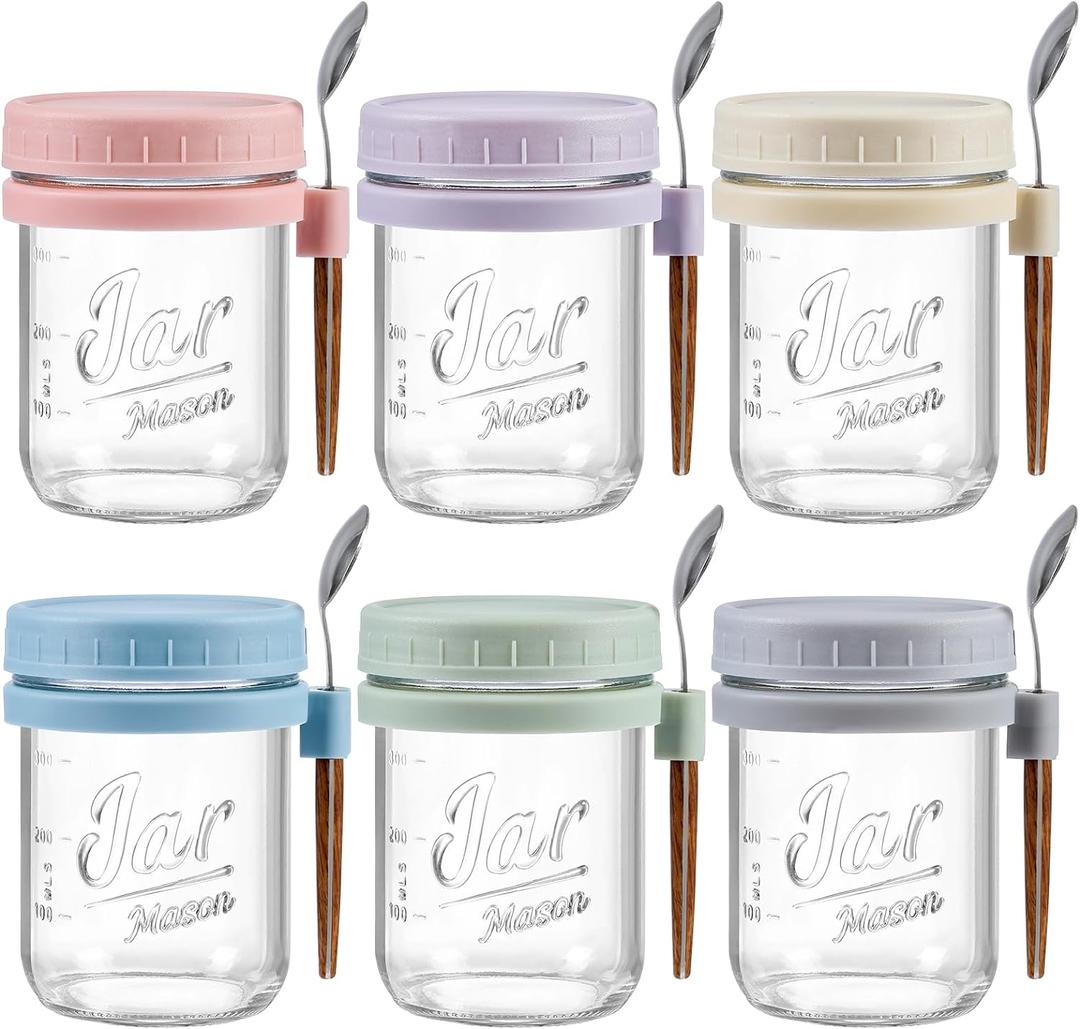 6 Pack Overnight Oats Containers with Lids and Spoons, 16 oz Glass Mason Overnight Oats Jars, Large Capacity Airtight Jars for Milk, Cereal, Fruit