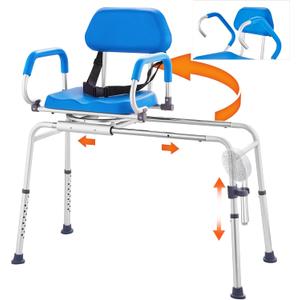 VEVOR Sliding Tub Transfer Bench with 360 Degree Swivel Seat, Sliding Shower Chair with Pivoting Armrest & Padded Seat and Safety Belt, Height Adjustable Bath Chair for Elderly Disabled, 330LBS