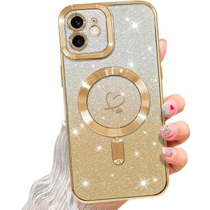 NITITOP Compatible with iPhone 12 Case Cute Clear Glitter [Compatible for MagSafe] Plating Heart Sparkle Bling Magnetic Girl Women Electroplated Frame Camera Protection Back Cover - Gold