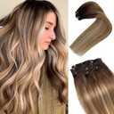 Clip in Hair Extensions Human Hair Balayage Brown to Ash Brown and Light Blonde 16 Inch Double Weft Human Hair Extension Clip ins Blonde Highlights 7 Pcs 70G