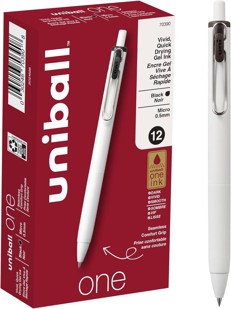Uniball One Gel Pen 12 Pack; 0.5mm Micro Black Pens; Gel Ink Pens | Office Supplies Sold by Uniball are Pens; Ballpoint Pen; Colored Pens; Gel Pens; Fine Point; Smooth Writing Pens