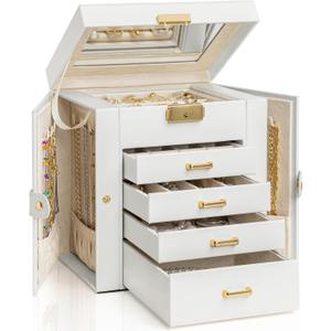 AKOZLIN 5-Tier Jewelry Box Leather Jewelry Storage Organizer with 4 Drawers Lockable for Women Girls Ring Necklace Earring Bracelet Watches Holder with Mirror White (Regular-5 Layer)