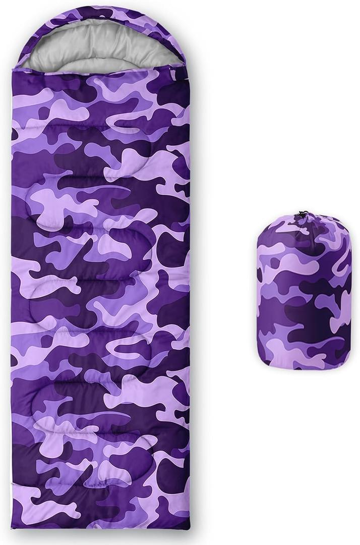 Sleeping Bags for Adults and Kids Backpacking Camping Sleeping Bags for Girls and Boys Lightweight Waterproof Cold/Warm Sleeping Bag for All Season (Single -31.5x90.5, Purple Camo)