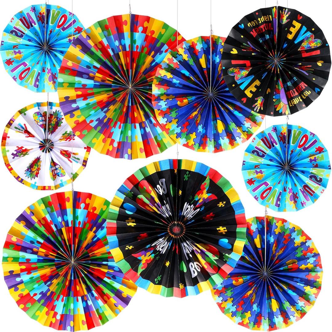 Outus 9 Pcs Autism Awareness Hanging Decorations Paper Fans Colorful Puzzle Piece Classroom Decorations for April Autism Awareness Gifts