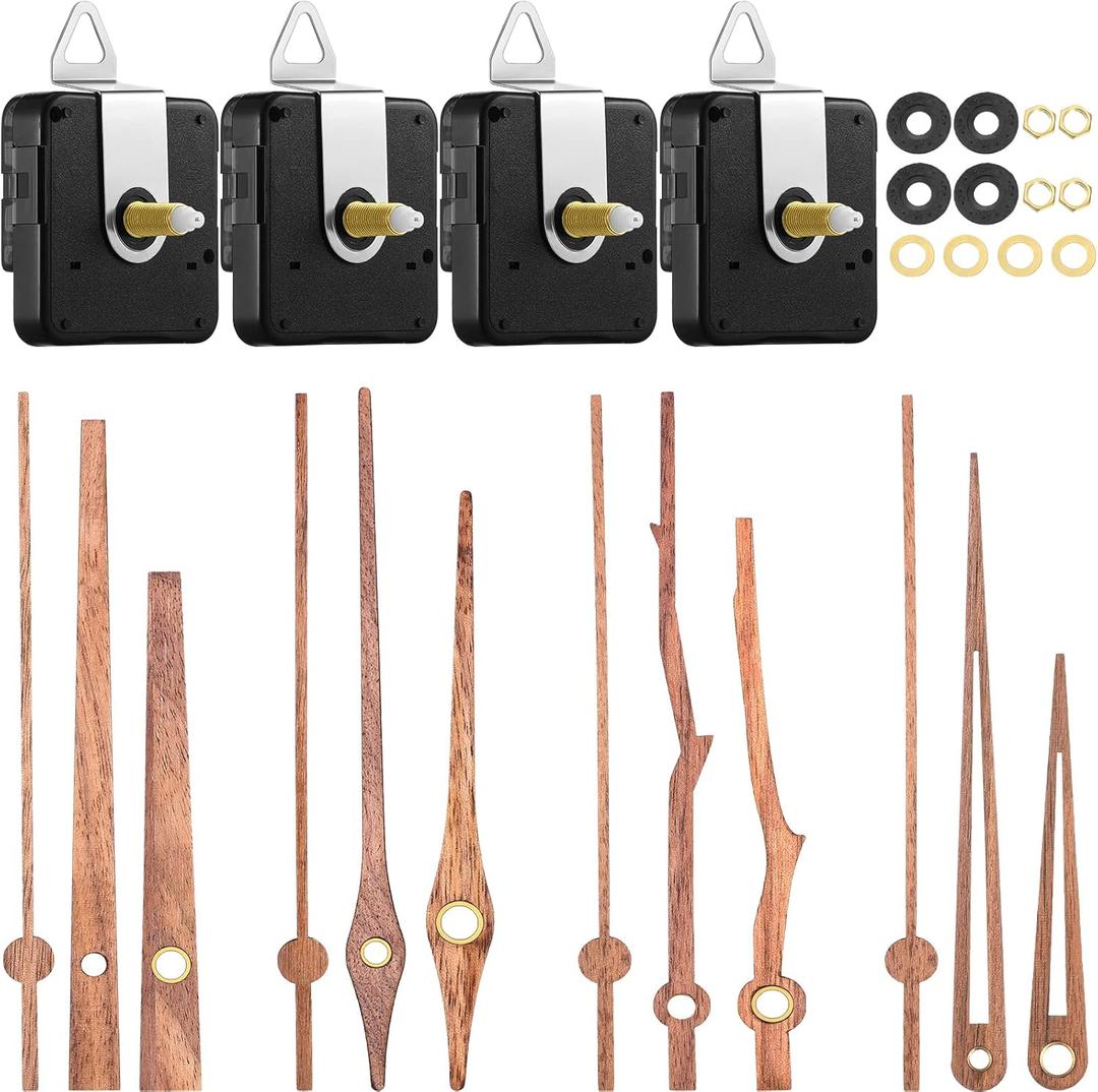 Mudder 4 Pcs Quartz Clock Mechanism Replacement Kit with 4 Types of Walnut Wood Clock Hands for DIY Repair Parts Accessories(Fit for 12 Inch Clock, 28 mm)
