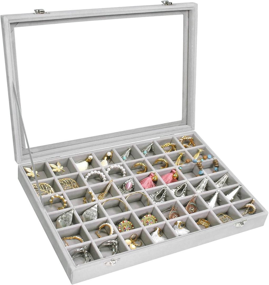 Velvet Jewelry Tray 48 Grid Jewelry Display Tray Organizer Box with Transparent Lid Rings Earrings Necklaces Pendants Display Box Suitable for Women and Girls (Grey)