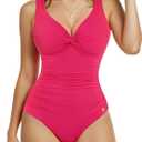 Popilush Tummy Control Swimsuits for Women - Ruched One Piece Shapewear Bathing Suit Twist Front Swimwear (XX-Large, Pink)
