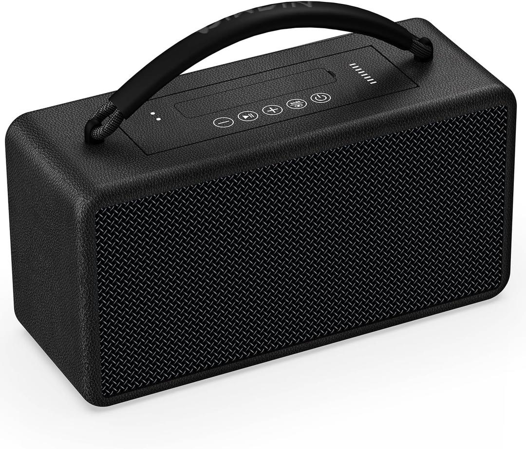 DINDIN Portable Bluetooth Speaker: 80W (Peak), 20H Playtime, Loud Wireless Wood Speakers with Bass, AUX and USB Input, Subwoofer, TWS Pairing, Vintage Speaker for Outdoor, Home, Office (Black)
