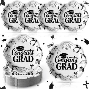 50 Pcs Black Bow Graduation Party Supplies 9 in Black Coquette Bow Graduation Plates Congrats Grad Class of 2026 Scalloped Disposable Dessert Paper Plates for College High School Party Decorations