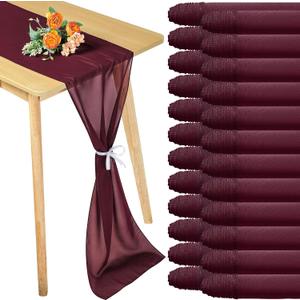 Chumia 24 Pack Chiffon Table Runners Romantic Sheer Table Decorations Long Tulle Runner for Wedding Bridal Shower Party Supplies Decor, 118 x 12 Inches (Burgundy)