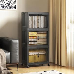 SAILUN 26Gal/105Qt Stackable Storage Bins Folding Collapsible Storage Bins with Lid, Closet Organizers and Storage Box with Door Black 18" W x 11" D x 32" H