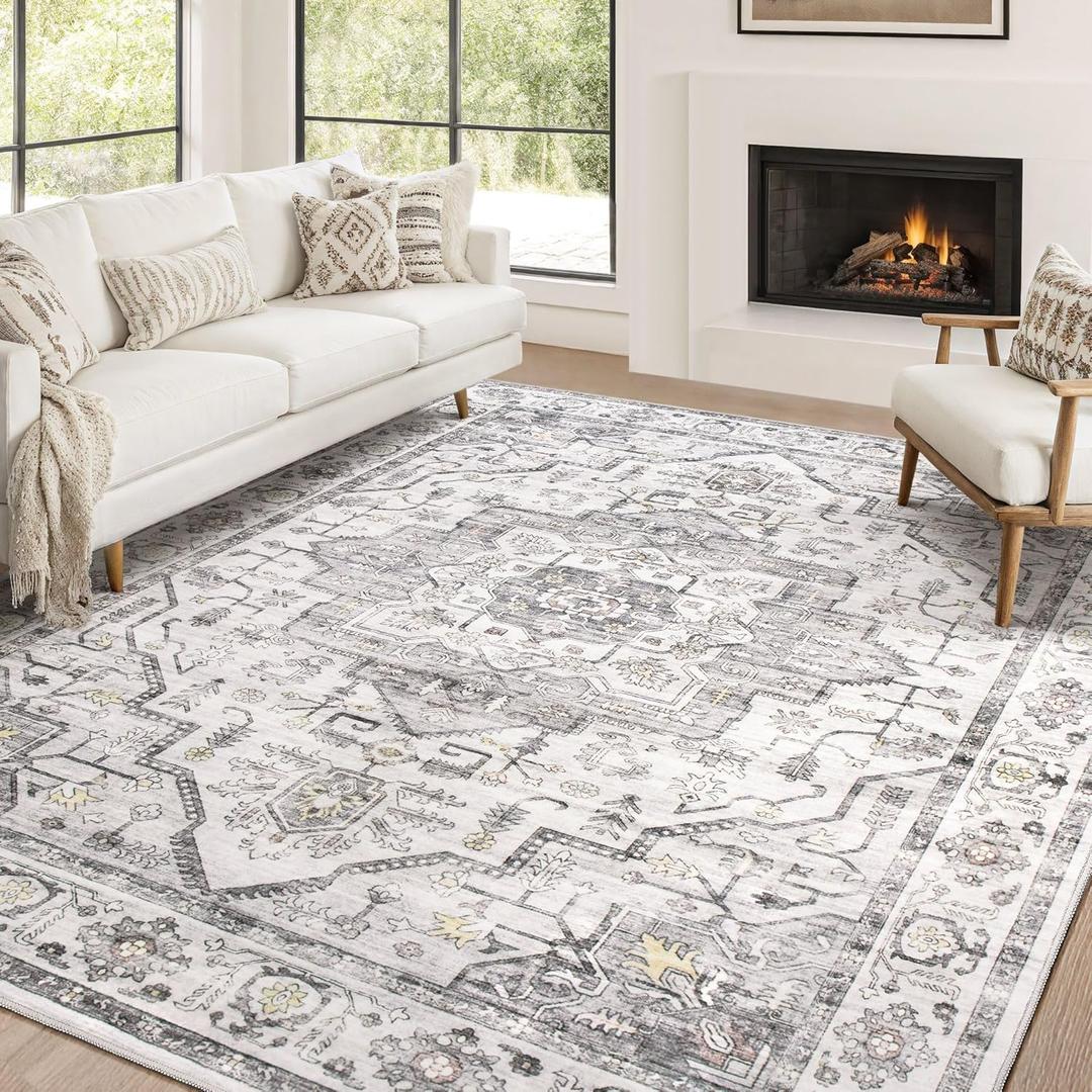 Area Rug 10x12 Washable Vintage - Soft Traditional Rugs for Living Room Large Non Slip Backing with Low Pile Farmhouse Oriental Retro Carpet for Bedroom Dining Room or Home Office - Grey