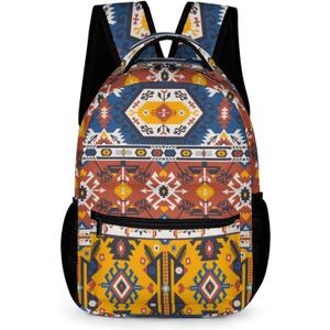 KOYI Western Backpack Bright Aztec Print Backpack for Kids, Vintage Tribal Ethnic Aztec School Backpack, Water Resistant Travel Laptop Backpacks for Girls Boys Teens, 16.5 Inch, Blue Yellow