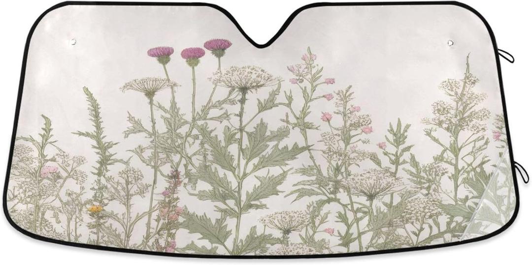 Vintage Colorful Herbs Wild Flowers Floral Car Windshield Sunshade Foldable Front Window Sun Visor Protector for Car,SUV,Truck - Keep Vehicle Cool,55 x 27.6 Inch