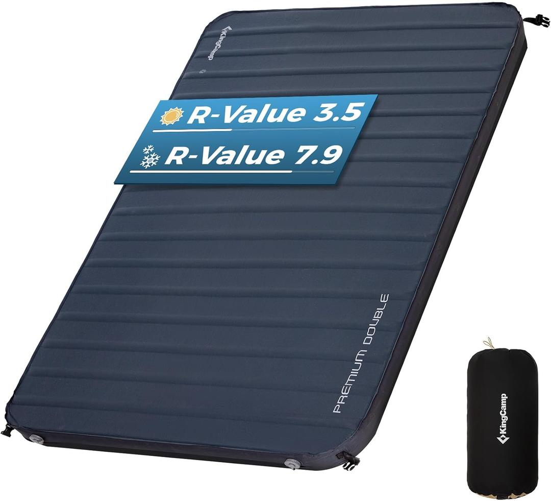 KingCamp Self Inflating Sleeping Pad, R 7.1/7.9 Dual Sided Air & Foam Camping Mattress 2 Person for All Seasons, 3" Thick Full Size Double Sleeping Pad for Camp Tent Outdoor Car, PVC Free