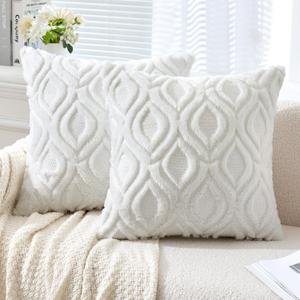 MIULEE Ivory Throw Pillow Covers 18x18 Inch, Soft Winter Plush Faux Wool Couch Pillow Covers Set of 2 Decorative Farmhouse Boho Throw Pillows for Sofa Living Room Bed (18" x 18" (Pack of 2))