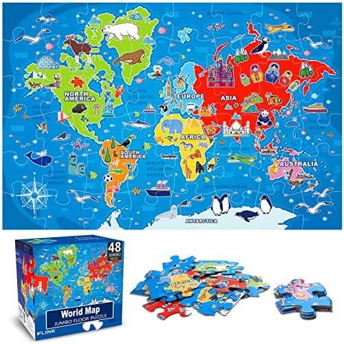 Jumbo Floor Puzzle for Kids, World Map Jigsaw Geography Puzzles,48 Piece Globe Atlas Puzzle with Continents, United States Puzzle for Ages 3-5,Preschool Learning Toys Easter Gift for 4-8 Years Old