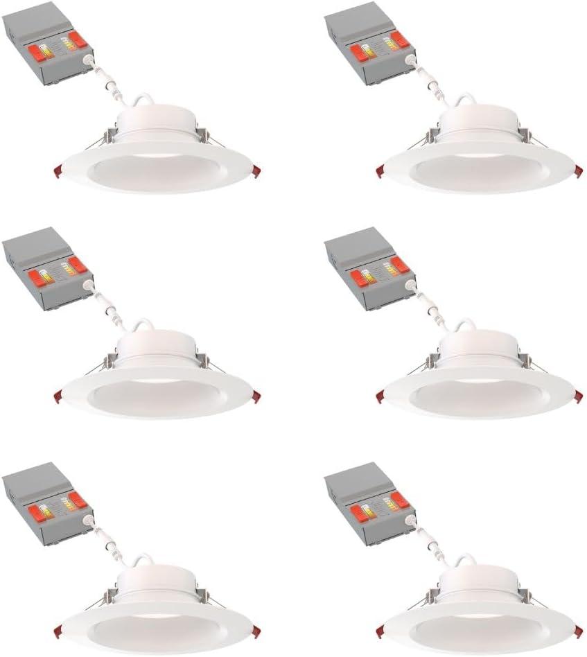 Juno LED Recessed Lights 6 Inch Round Wafer Downlight, 5-in-1 Switchable White Color Temperature, Adjustable Brightness, Deep Regressed Smooth Trim, 6-Inch, Matte White, 6-Pack