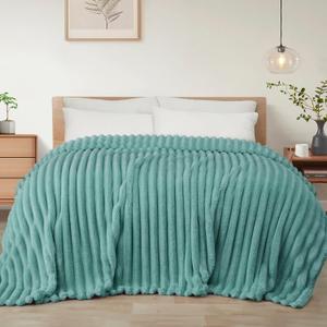 Exclusivo Mezcla King Size Flannel Fleece Blanket, Super Soft Striped Jacquard Bed Blanket, Lightweight Fuzzy Cozy for All Seasons, 90x104 Inches, Celadon