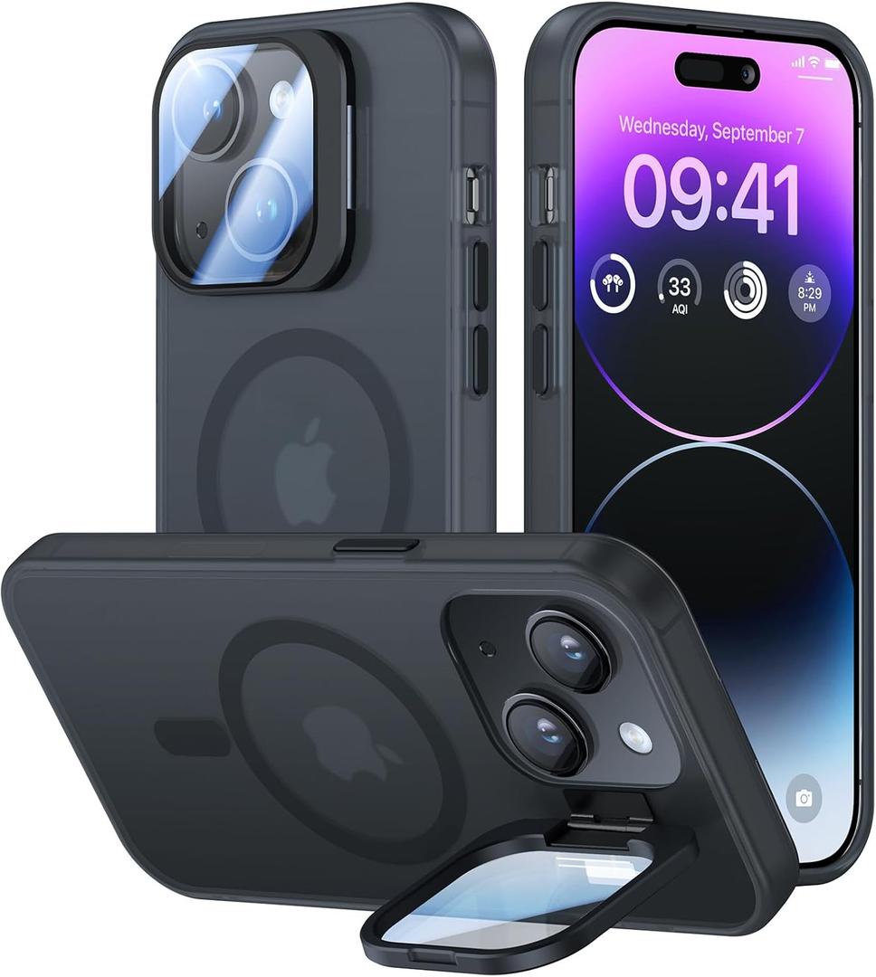 VOFATA for iPhone 14 Plus Case with Camera Cover Stand [Built-in 9H Camera Lens Protector][Fit for Magsafe] Military Grade Shockproof Translucent Matte Magnetic Phone Case 6.7",Black