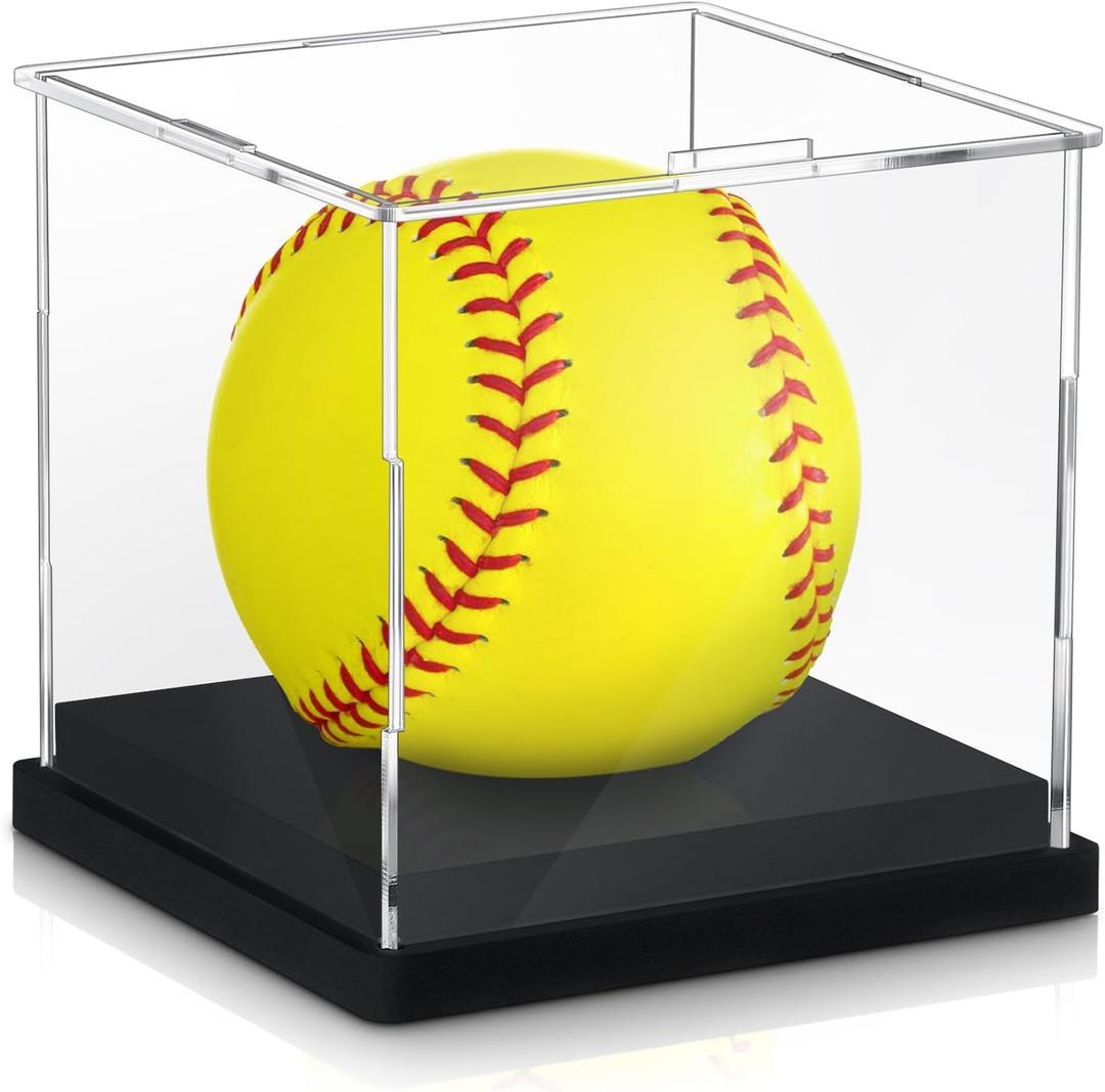 Baderke 1 Pcs Softball Display Case Acrylic Softball Baseball Stand Holder UV Protected Memorabilia Ball Box Clear Display Cube for Sports Ball Storage (Remove the Protective Film Before Use)