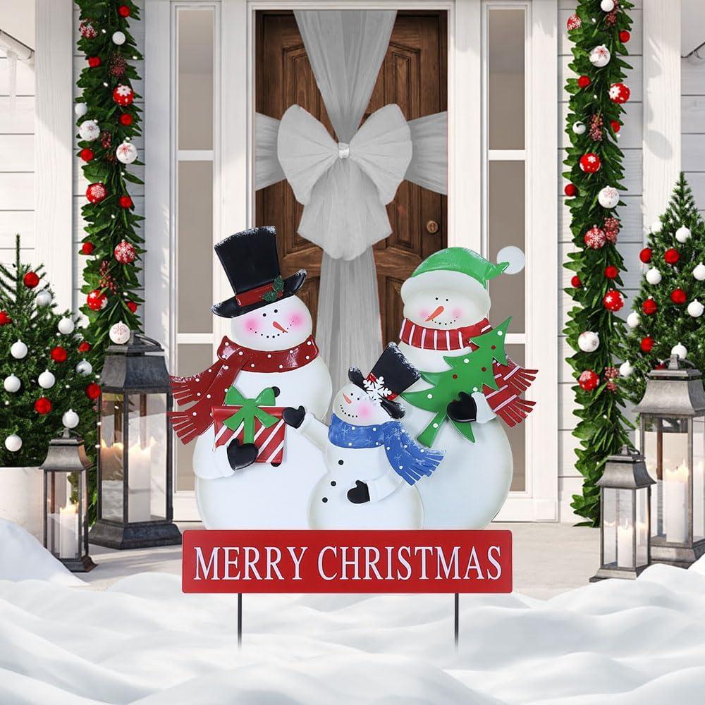 YEAHOME Outdoor Christmas Decorations, 3 Snowman Family Metal Decorative Garden Stakes for Outdoor Yard, Merry Christmas Yard Signs for Outside Garden Lawn Porch Pathway Xmas Decorations