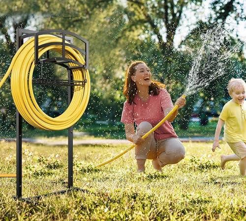 Fire Beauty Heavy-Duty Portable Garden Hose Holder with Storage Basket,120+ lbs Capacity, Holds 180ft 1/2" Hose,Dual Support Rods & Rustproof Screws,Modern Geometric Design