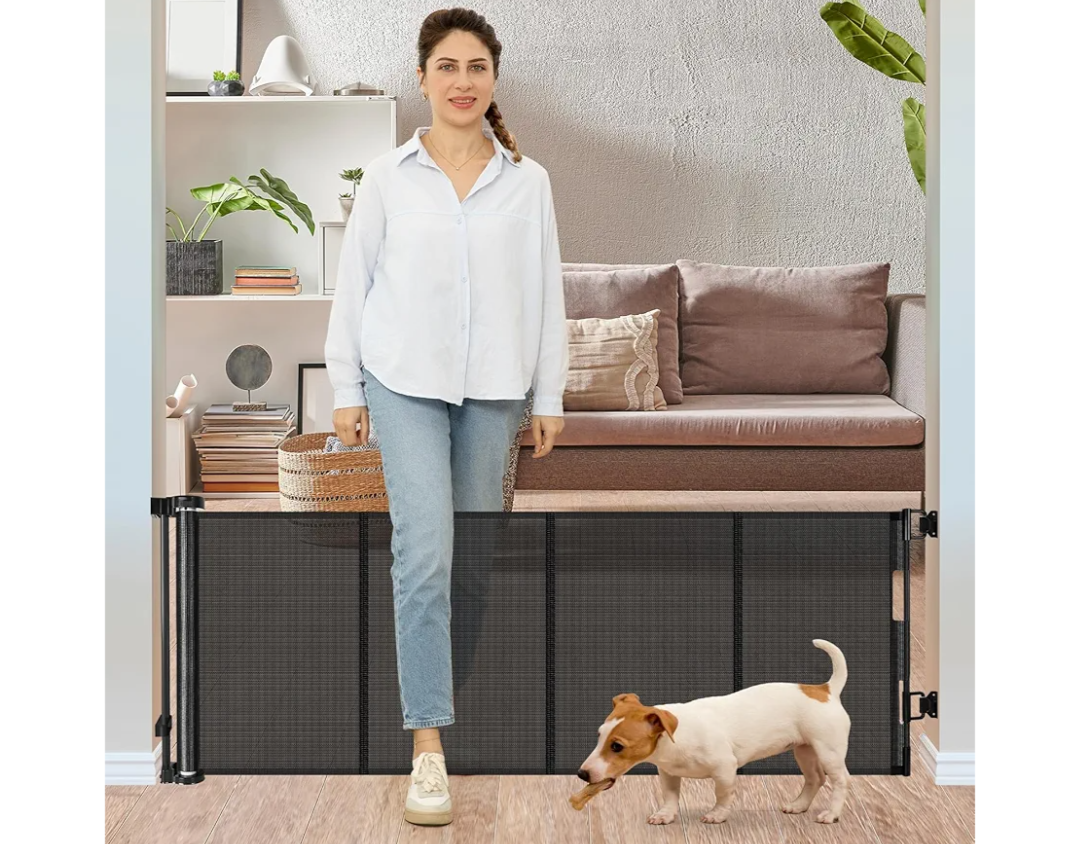 24 Inches Tall Retractable Baby Gates for Doorways, Short Dog Gates to Step Over, Extends up to 55" Wide, Reinforced Mesh Baby Gate for Kids or Pets, Doggie Gates Puppy Gates for The House (Black)