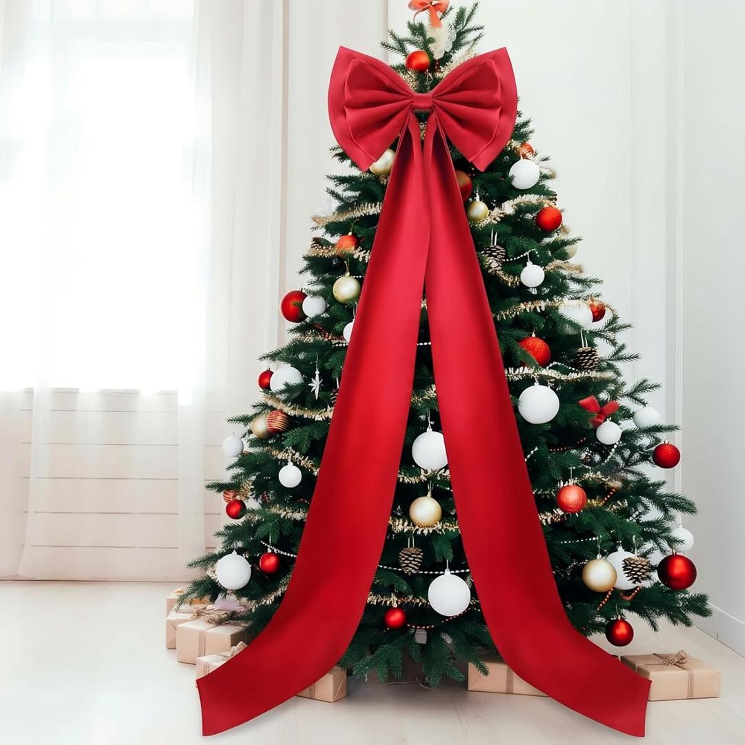 Giant Bow Decor Christmas Tree Topper Decoration Big Bows for Room Wall Backdrop 75x18 Inch Ribbon Tie for Wedding Christmas Fall Birthday Party Baby Shower Supplies(WineRed, Satin)