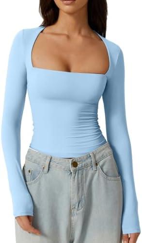 QINSEN Women's Sexy Square Neck Shirt Long Sleeve Double Lined Tees Fitted Going Out Tops, Size: S